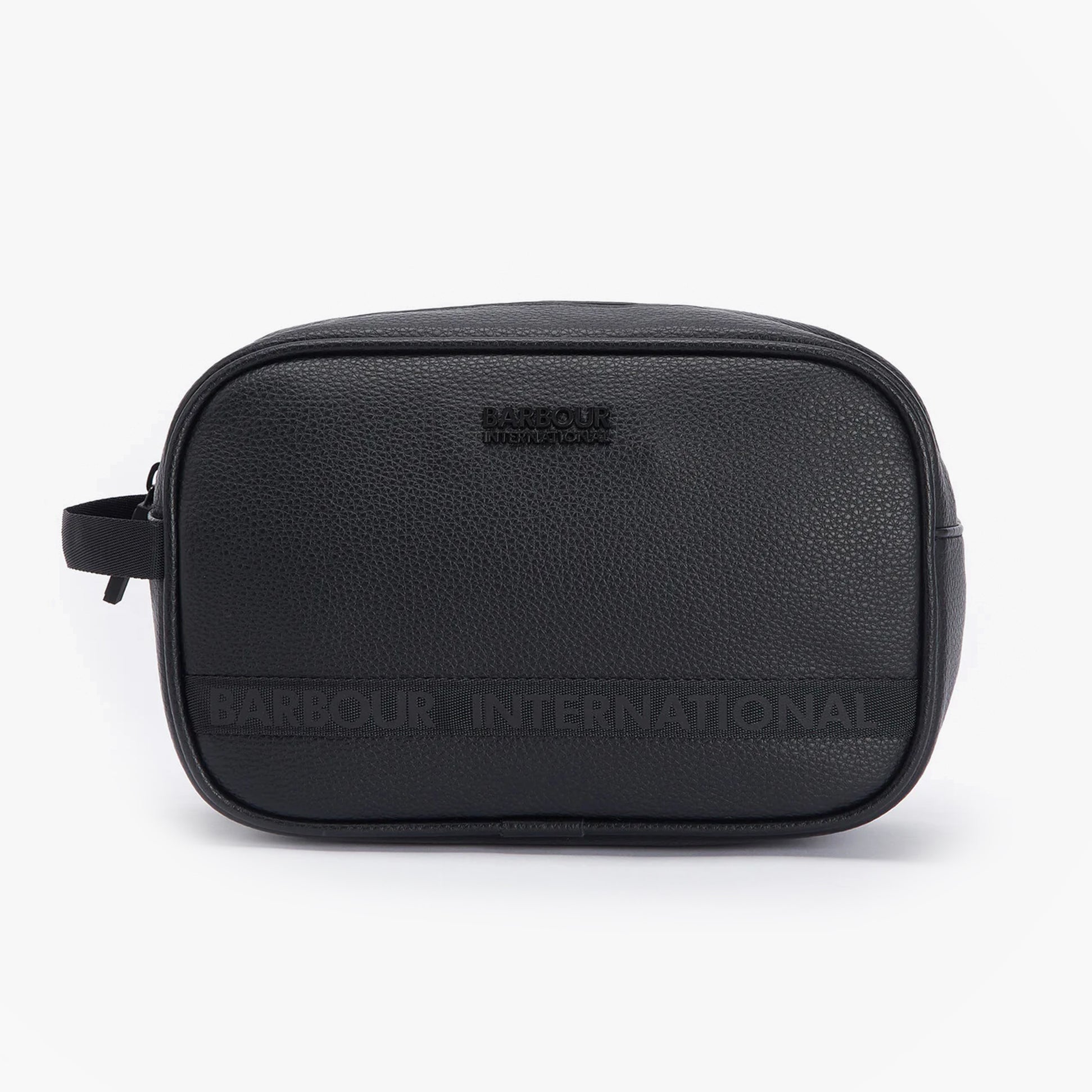 Barbour BLACKWALL Mens Wash Bag Black front view featuring zip closure and sturdy grab handle.