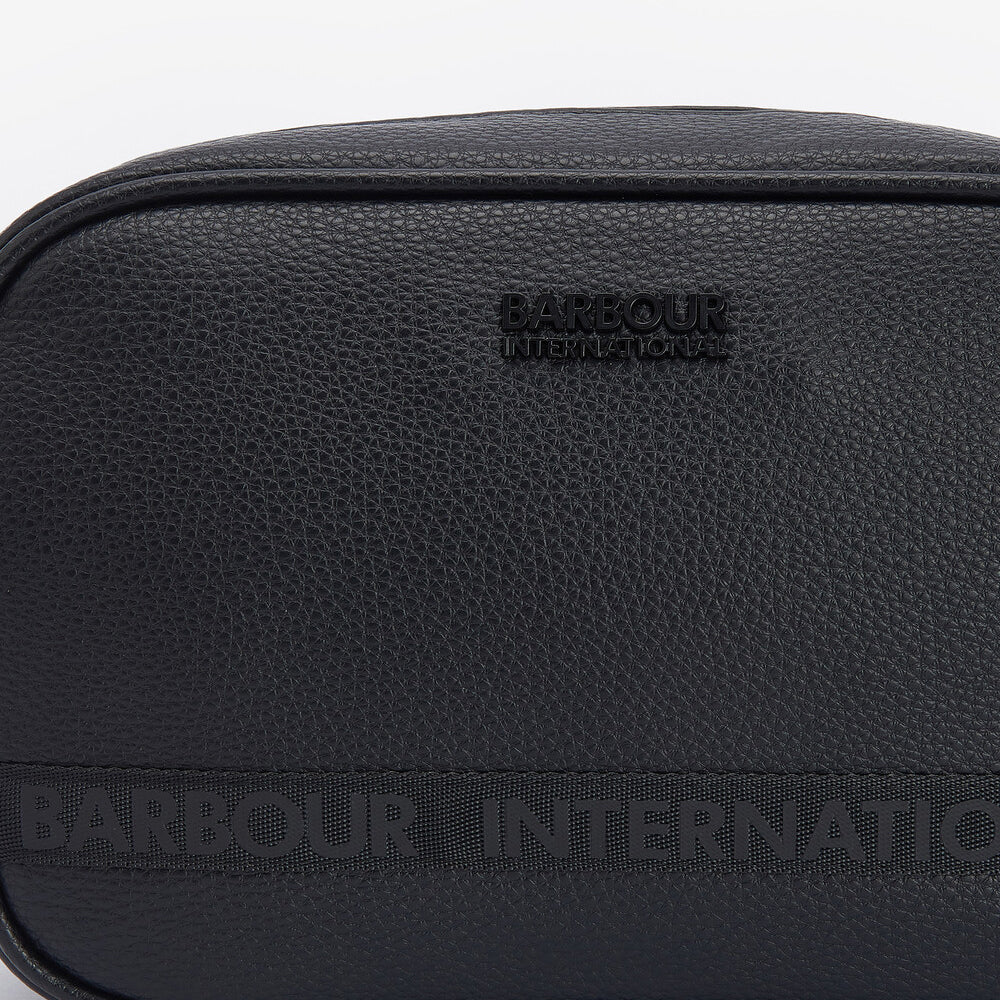 Barbour BLACKWALL Mens Wash Bag Black front view with embossed logo detail and textured material.