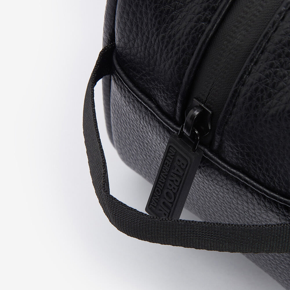 Barbour BLACKWALL Mens Wash Bag Black detail view showing zip and grab handle