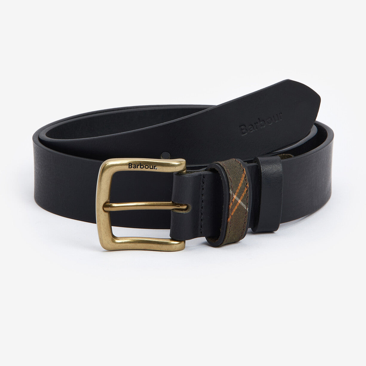 Barbour ESK Mens Leather Belt Black front view with engraved metal buckle and tartan print loops