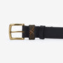 Barbour ESK Mens Leather Belt Black side view featuring engraved metal buckle and tartan print fabric detail.