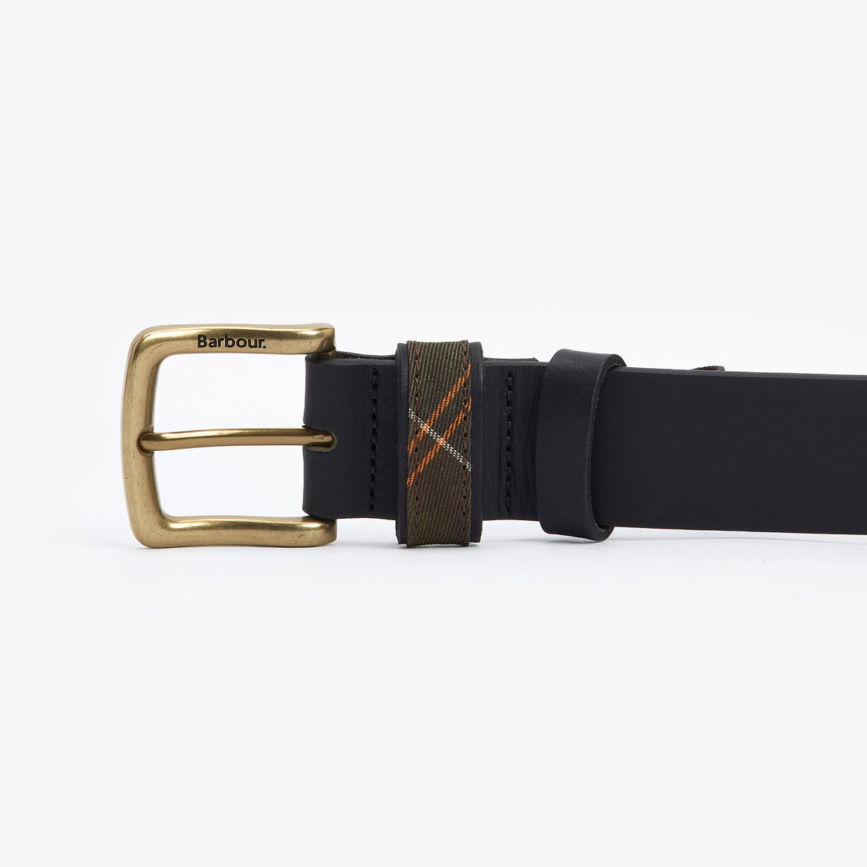 Barbour ESK Mens Leather Belt Black side view featuring engraved metal buckle and tartan print fabric detail.