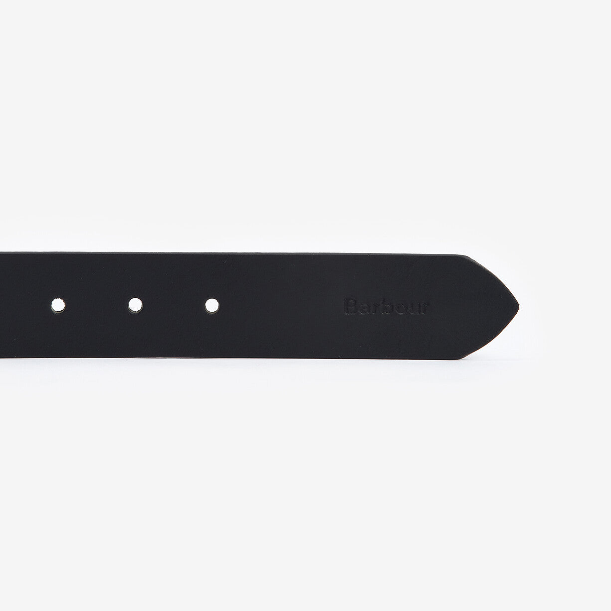 Barbour ESK Mens Leather Belt Black side view with engraved logo and fastening holes