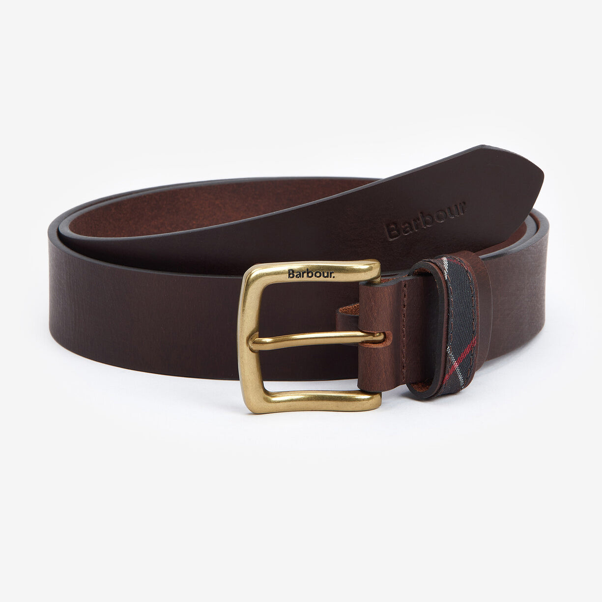 Barbour ESK Mens Leather Belt Brown side view with engraved metal buckle and tartan detail