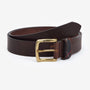 Barbour ESK Mens Leather Belt Brown side view with engraved metal buckle and tartan detail