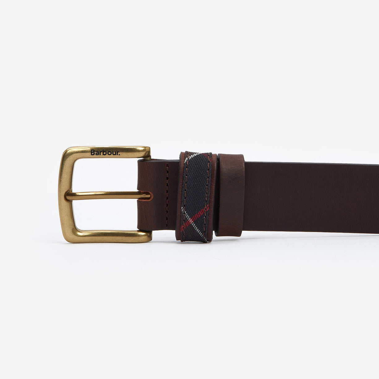 Barbour ESK Mens Leather Belt Brown side view featuring an engraved metal buckle and tartan detail.