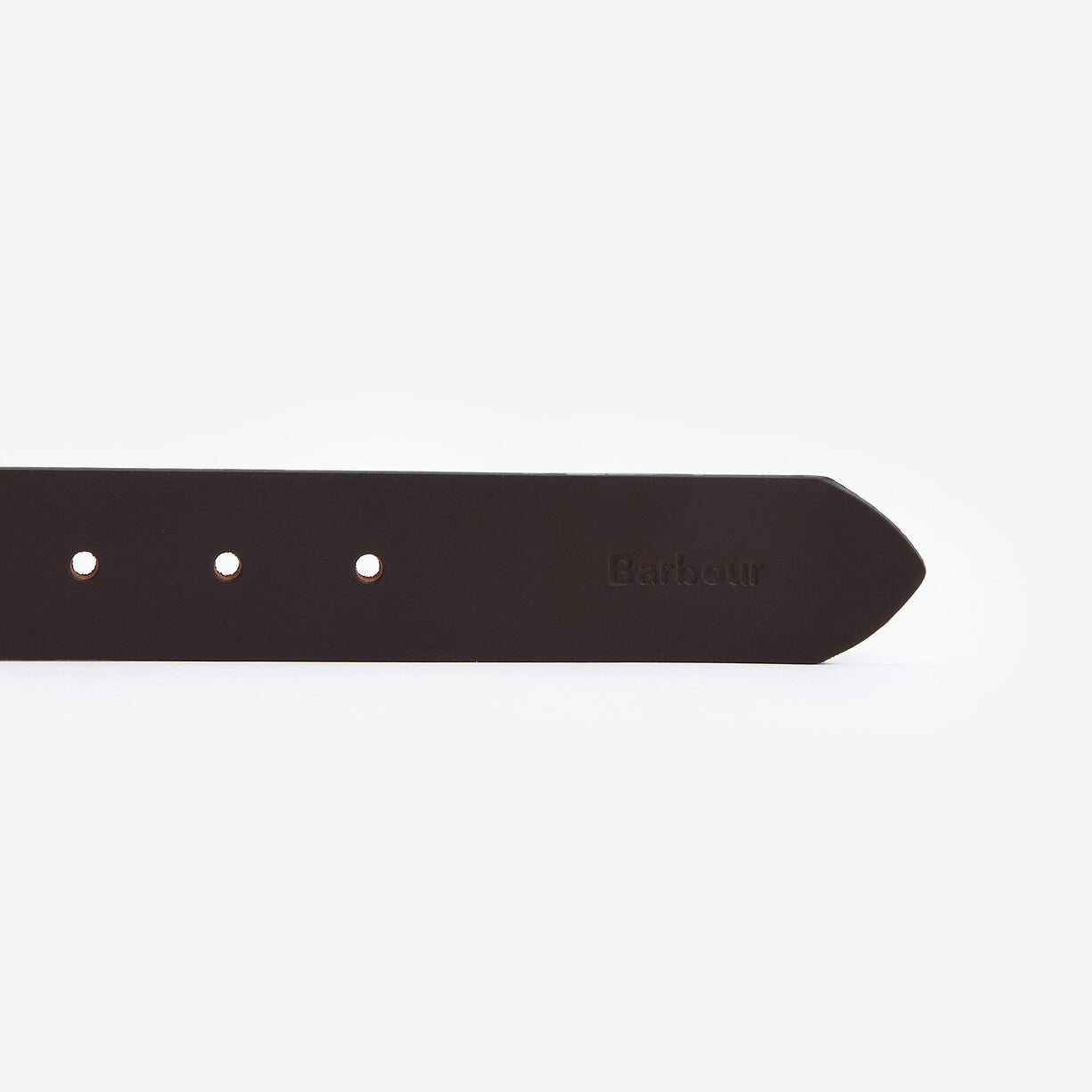 Barbour ESK Mens Leather Belt Brown side view, showcasing the smooth leather and buckle holes for fastening.
