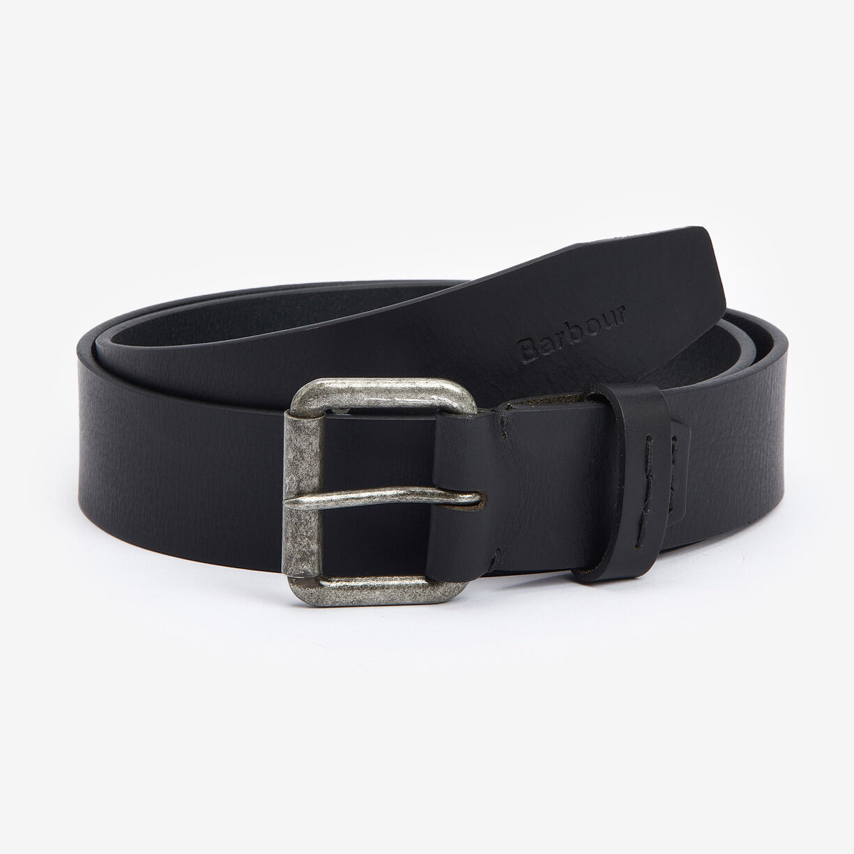 Barbour GLEN Mens Leather Belt Black side view with a silver metal buckle and embossed logo, smooth waxed-look finish.