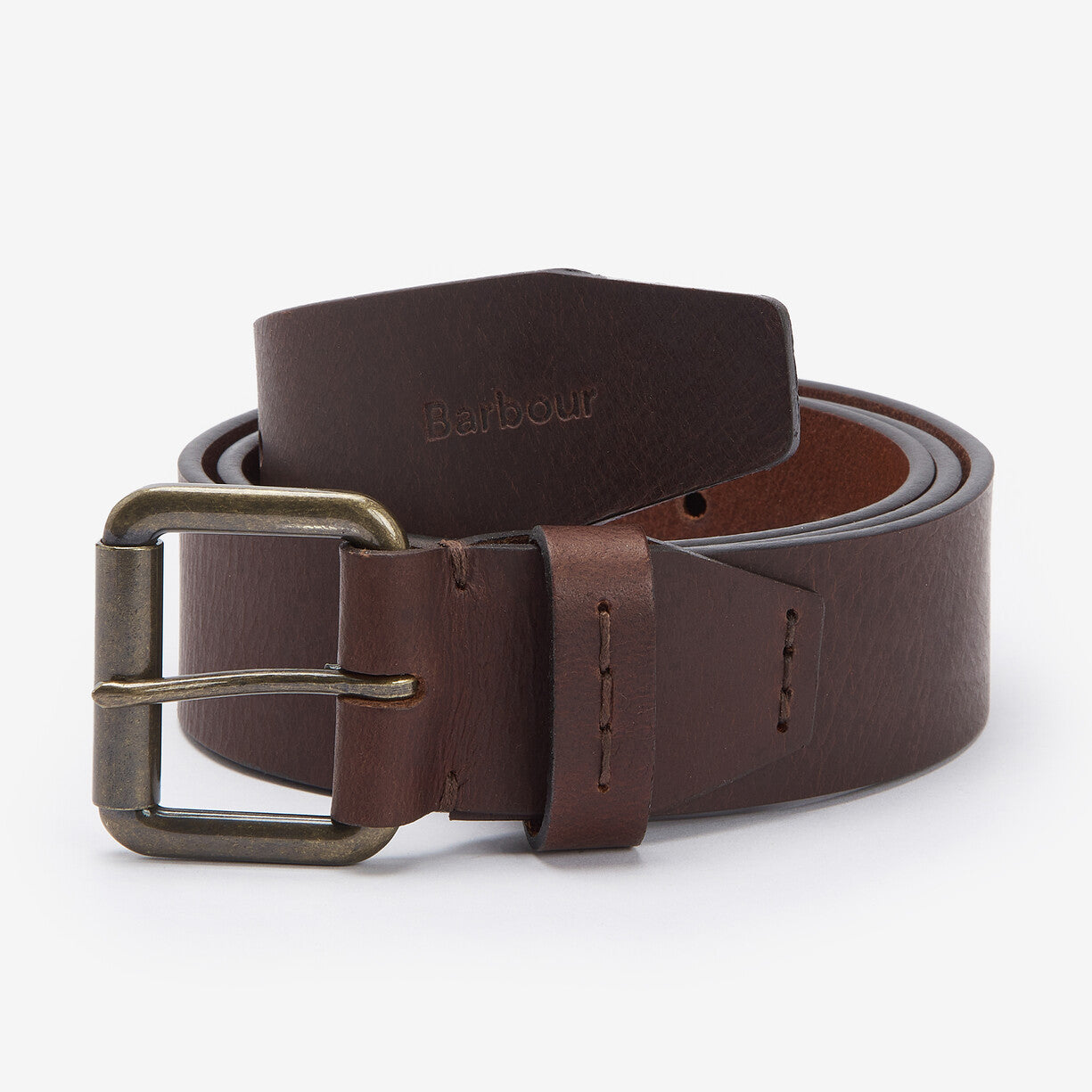 Barbour GLEN Mens Leather Belt Brown side view showing metal buckle and embossed logo on smooth waxed finish.