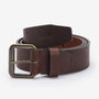Barbour GLEN Mens Leather Belt Brown side view showing metal buckle and embossed logo on smooth waxed finish.