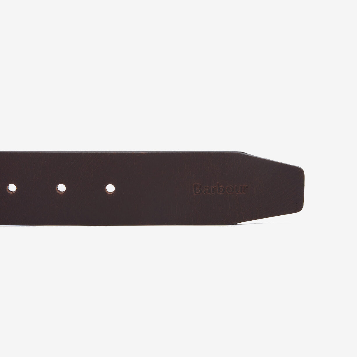 Barbour GLEN Mens Leather Belt Brown detail view showcasing embossed logo and buckle holes.