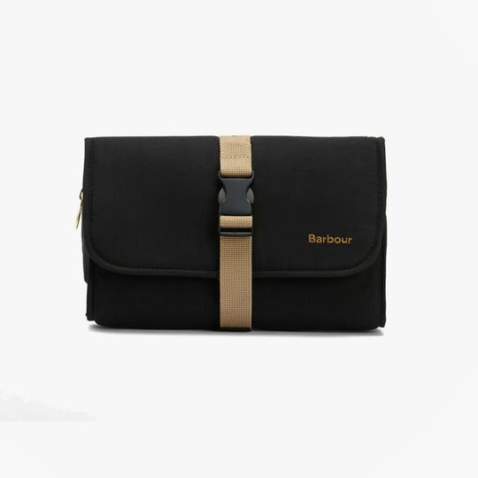 Barbour TRANSPORT HANGING Mens Washbag Black front view with buckle closure.