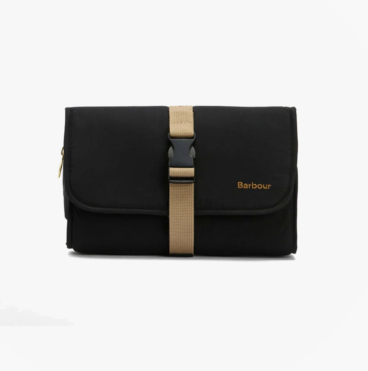 Barbour TRANSPORT HANGING Mens Washbag Black front view with buckle closure.