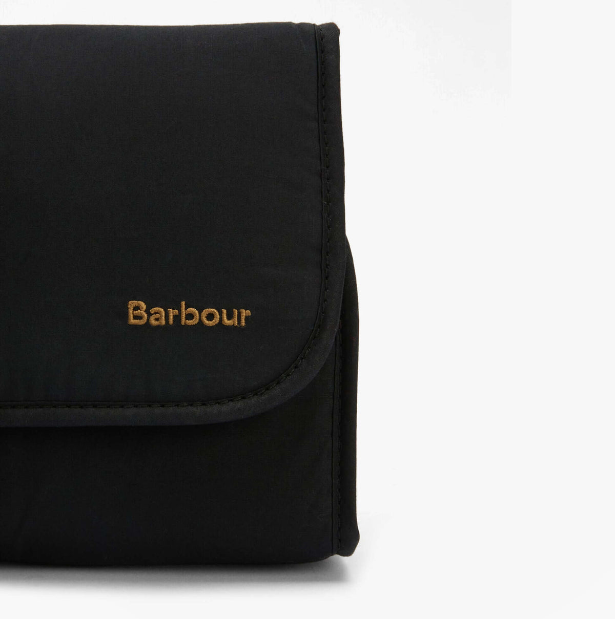 Barbour TRANSPORT HANGING Mens Washbag Black front view with buckle closure and embossed logo