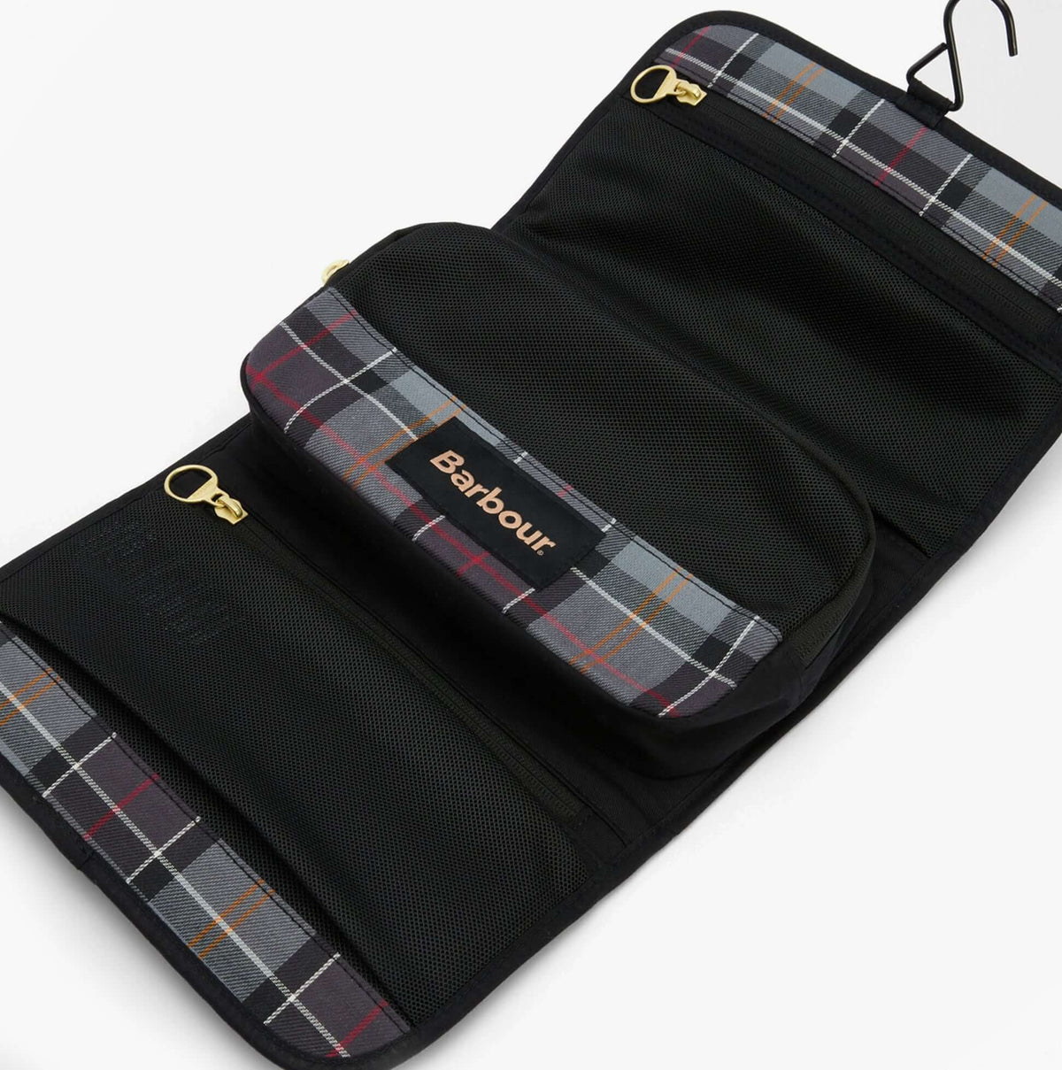 Barbour TRANSPORT HANGING Mens Washbag Black detail view with zipped compartments and plaid pattern.