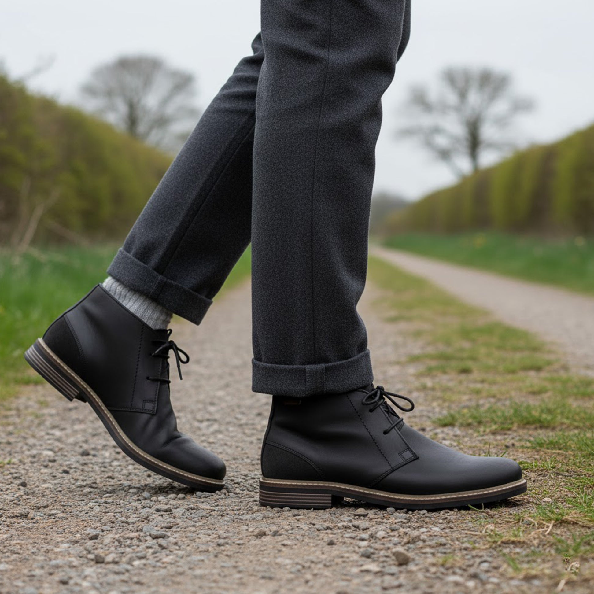Barbour READHEAD Mens Boots Black side view on gravel path with model wearing grey trousers