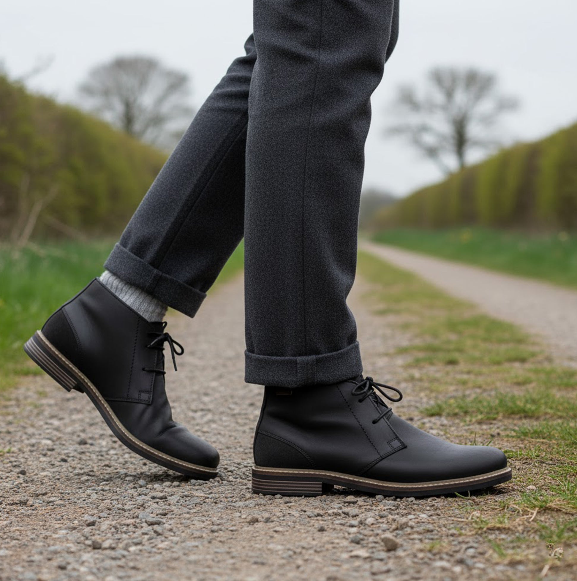 Barbour READHEAD Mens Boots Black side view on gravel path with model wearing grey trousers