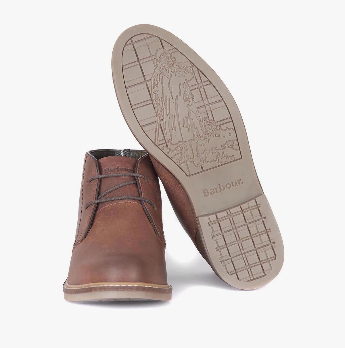 Barbour READHEAD Mens Chukka Boots Tan, top view and sole view, showcasing the leather upper and rubber sole.