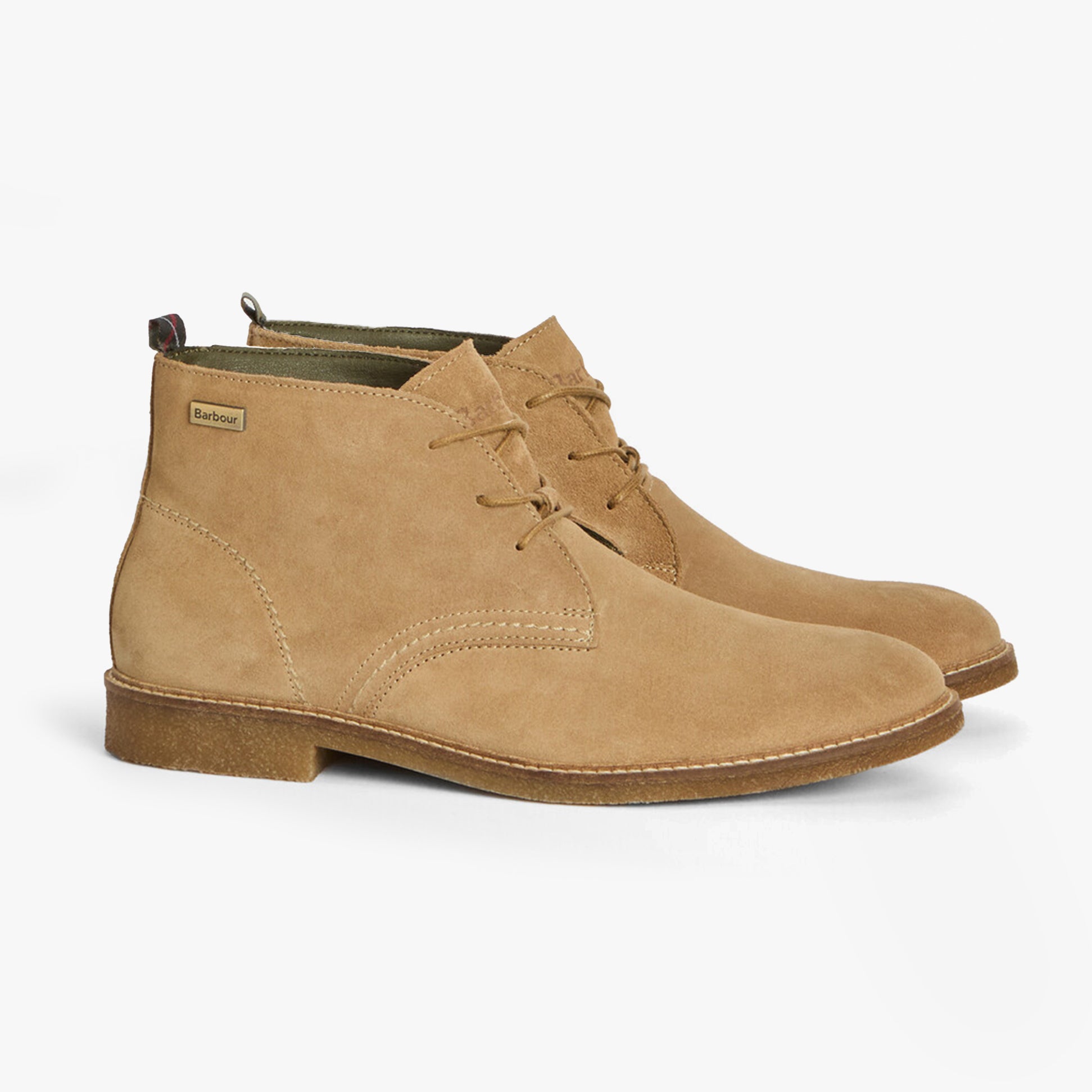 Barbour SONORAN Mens Desert Boots Taupe Suede side view showing suede upper and lace-up closure.
