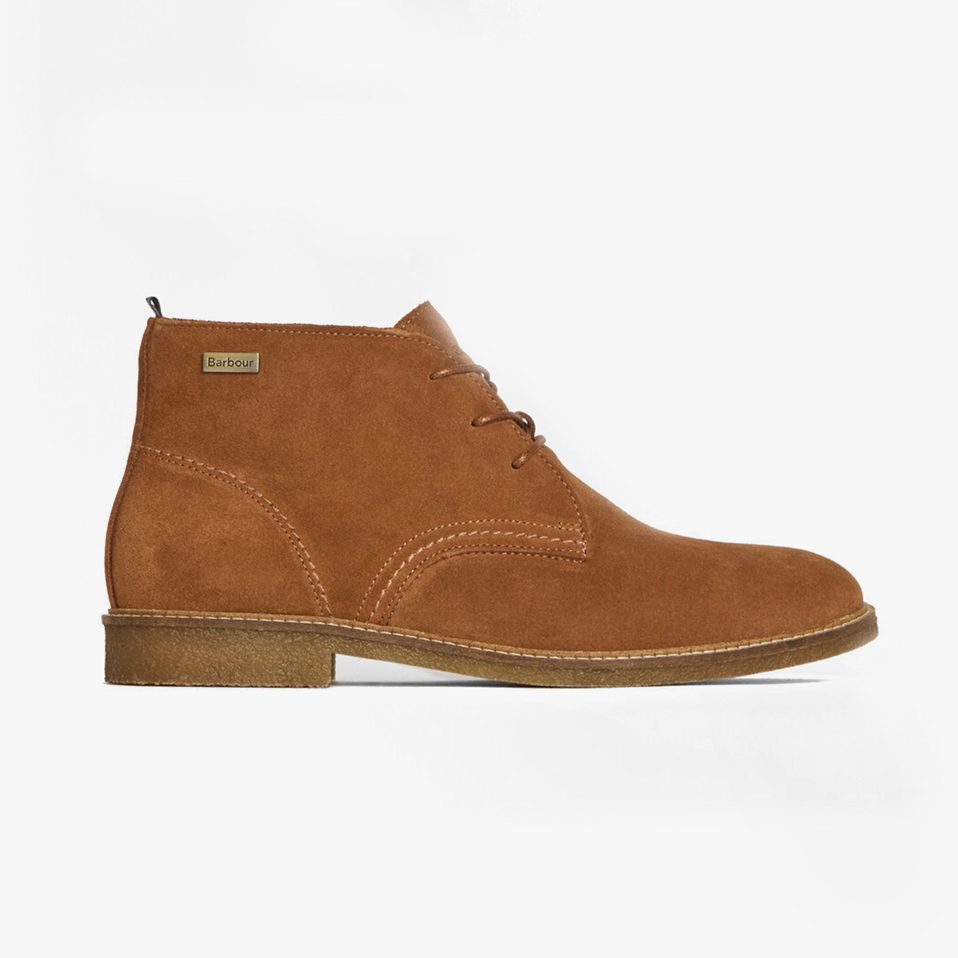 Barbour SONORAN Mens Desert Boots Fox Suede side view showcasing chisel toe and lace-up design in tan suede.