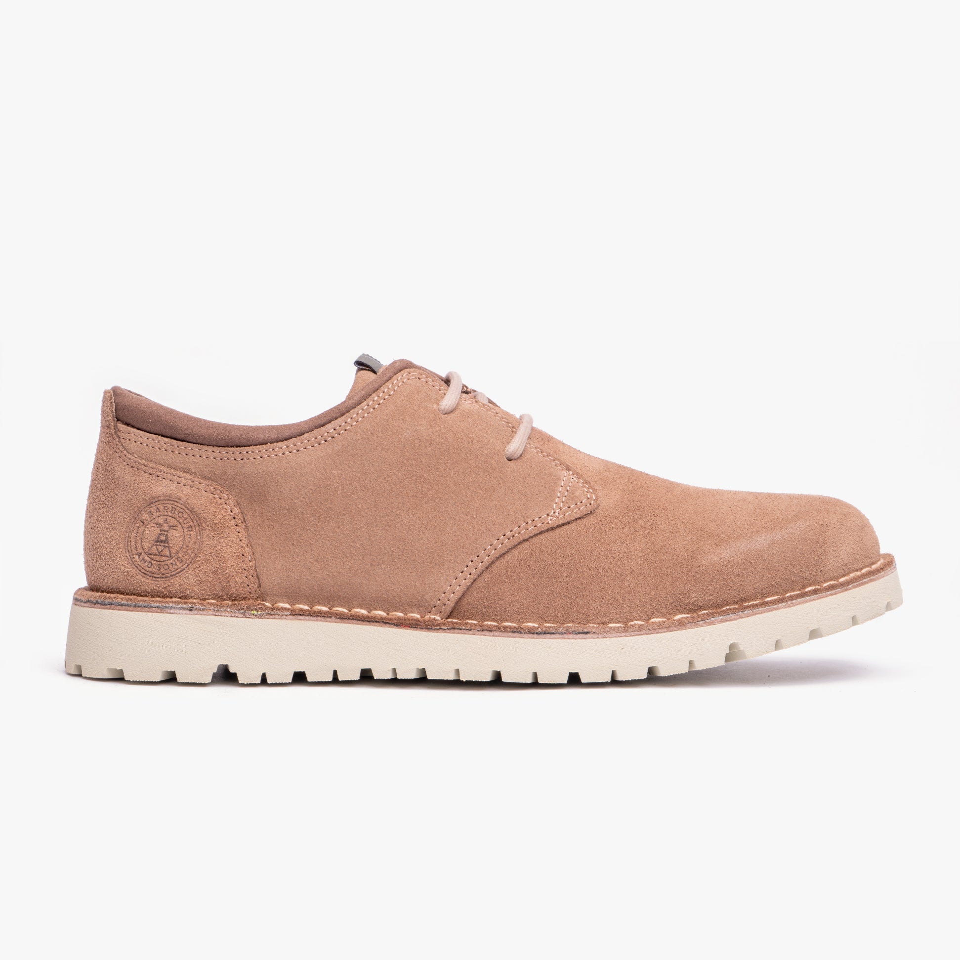 Barbour ACER Mens Derby Shoes Sand Suede side view showcasing comfortable suede design and lace-up closure.