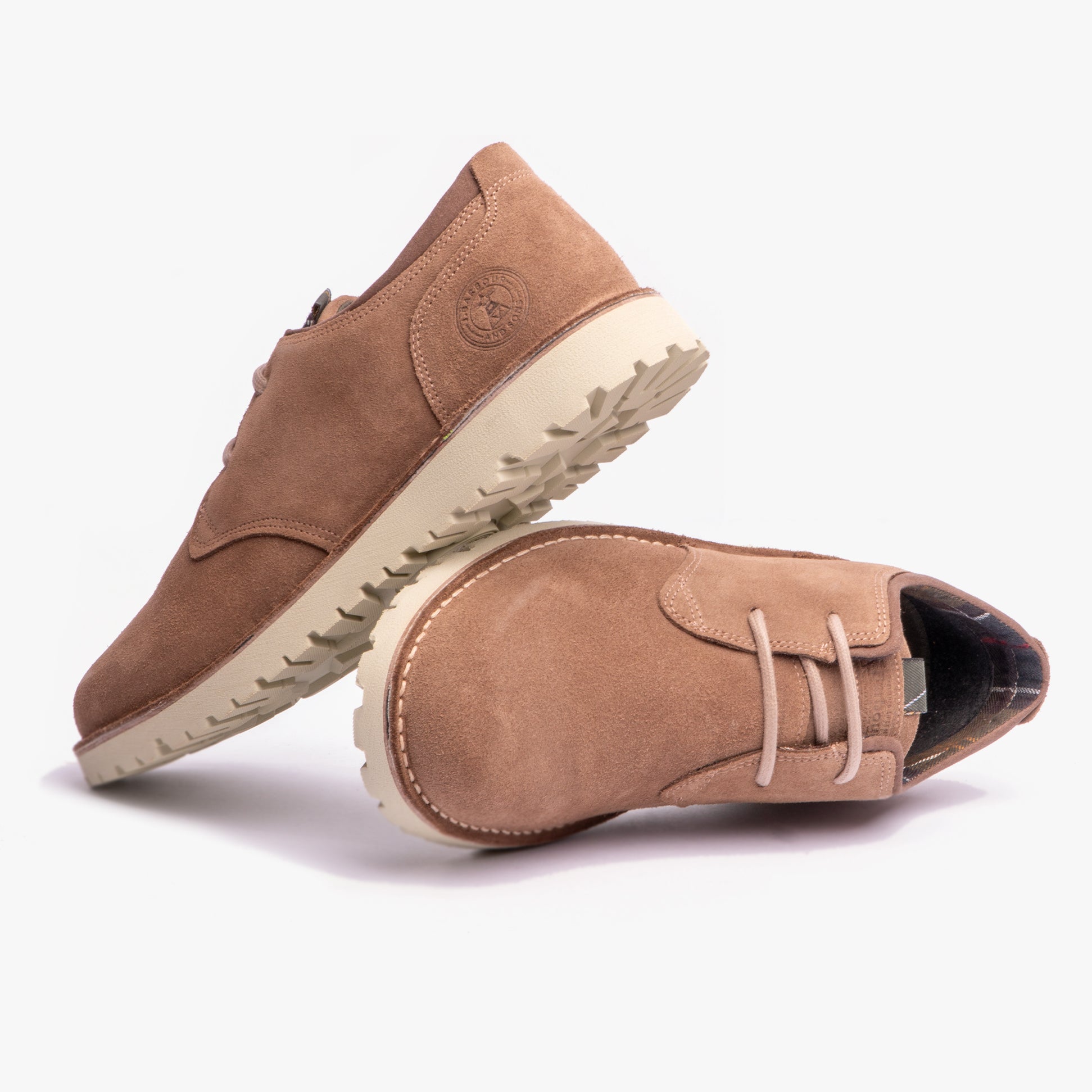 Barbour ACER Mens Derby Shoes Sand Suede side view and detail view, showcasing the suede upper and rubber sole.