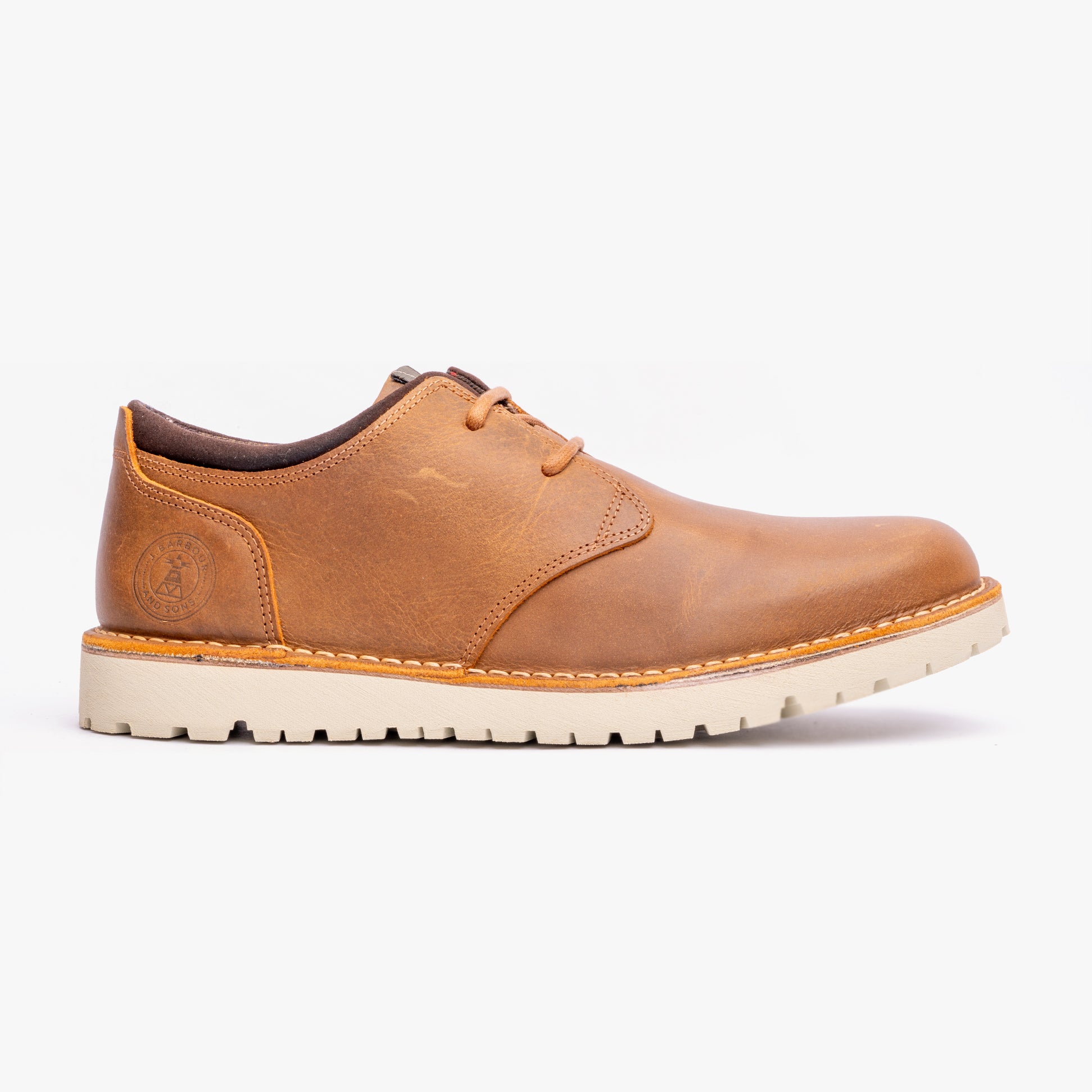 Barbour ACER Mens Derby Shoes Cognac side view, leather upper, round toe, lace-up closure, flat heel, comfortable design