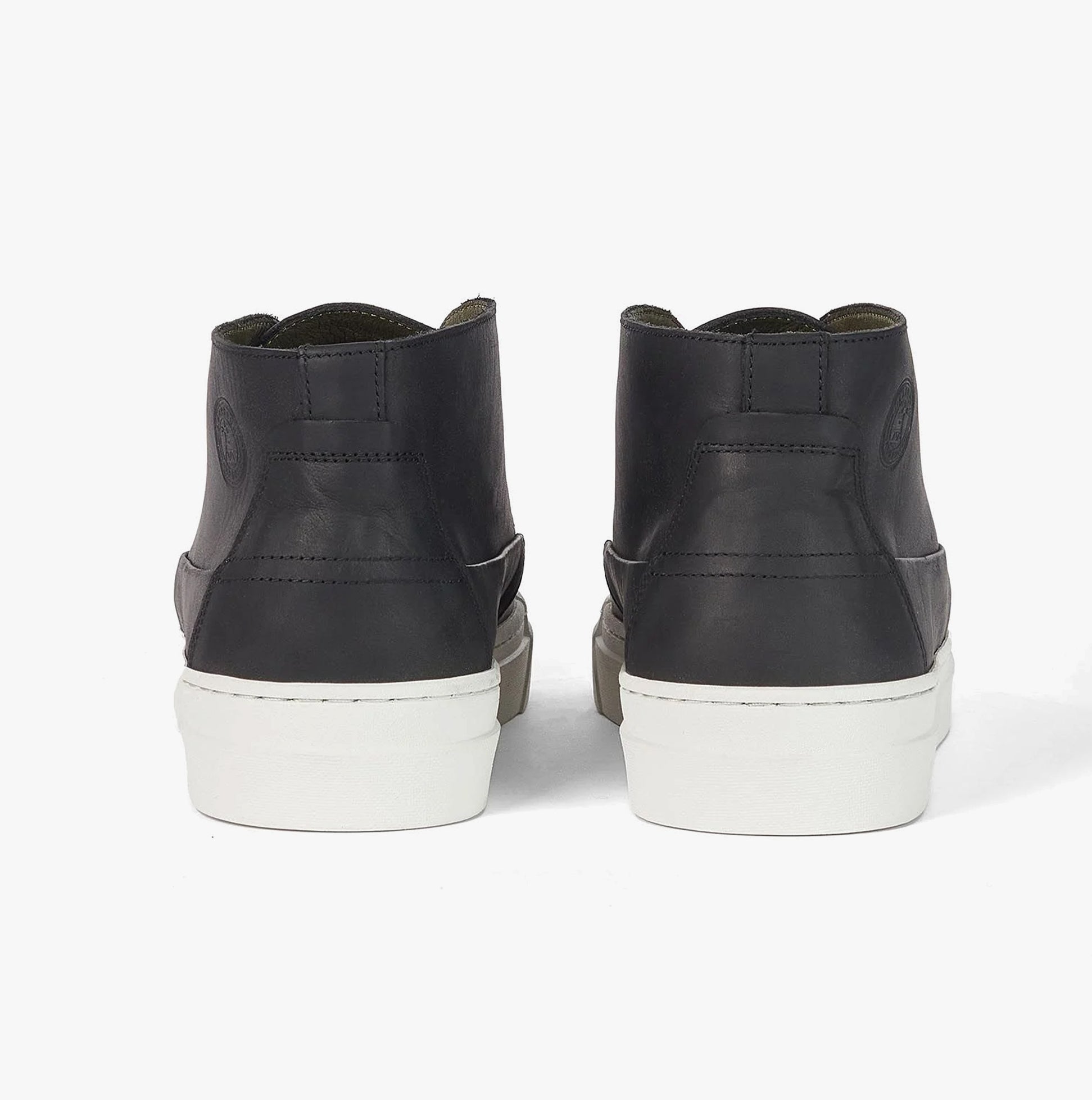 Barbour MASON Mens Chukka Boots Black rear view showing the smooth black leather design and flat white soles.