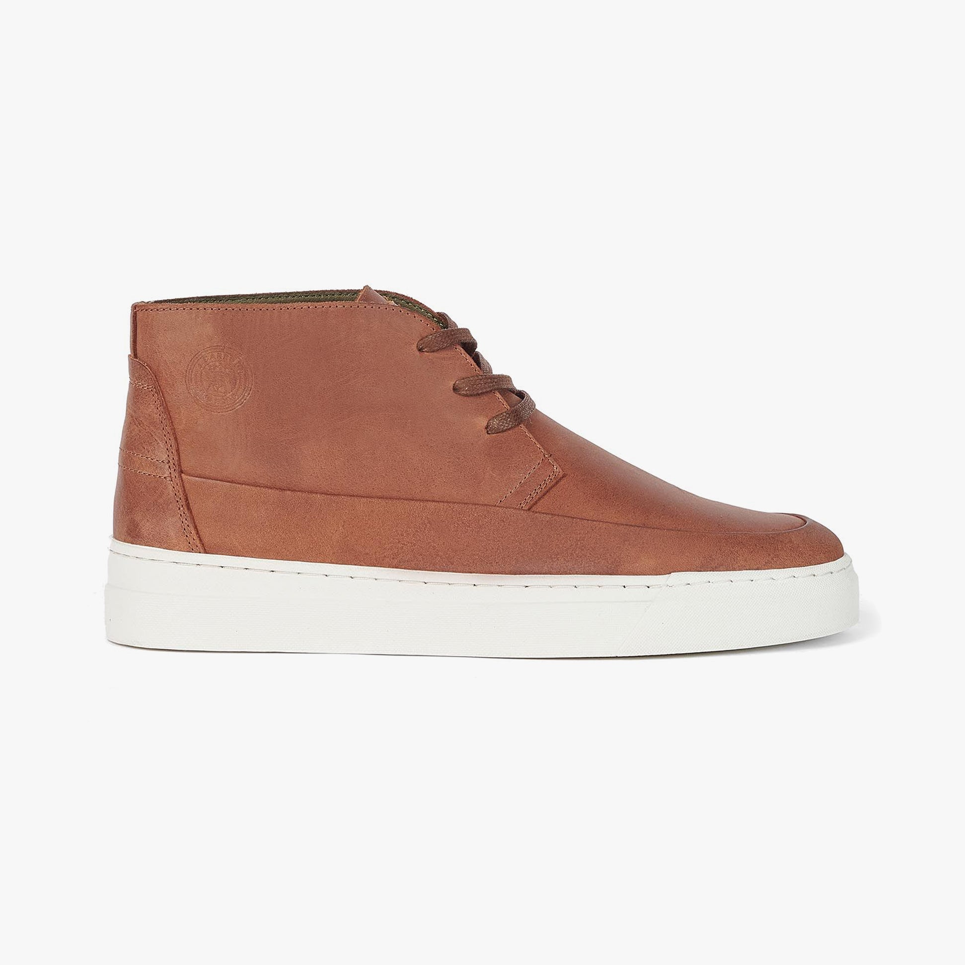 Barbour MASON Mens Chukka Boots Cognac side view showcasing leather upper and lace-up design.
