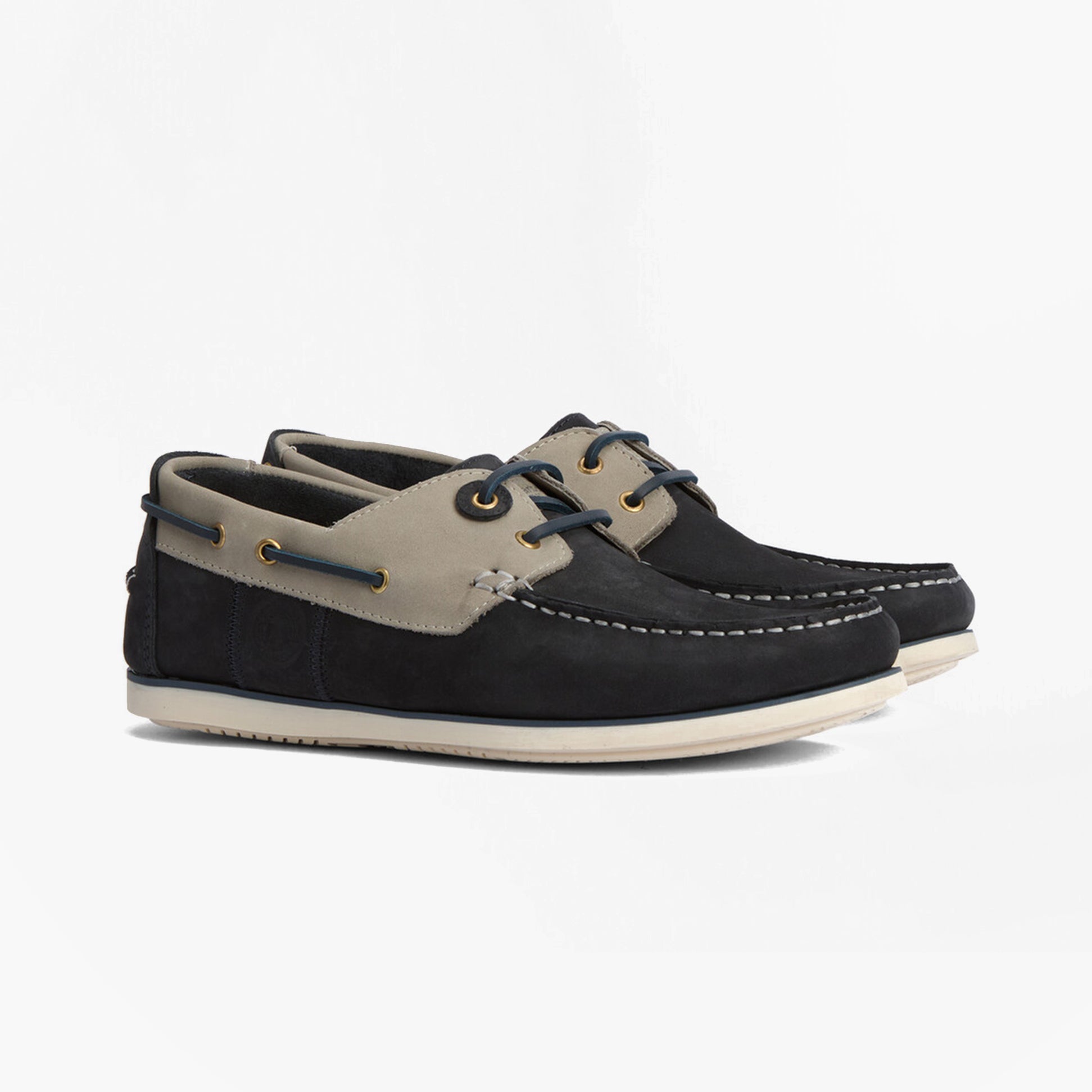 Barbour WAKE Mens Boat Shoes Navy/Putty side view showcasing navy and putty suede design and rubber sole.