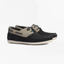 Barbour WAKE Mens Boat Shoes Navy/Putty side view showcasing navy and putty suede design and rubber sole.