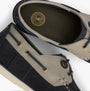 Barbour WAKE Mens Boat Shoes Navy/Putty top view showcasing suede upper and faux fur lining details.