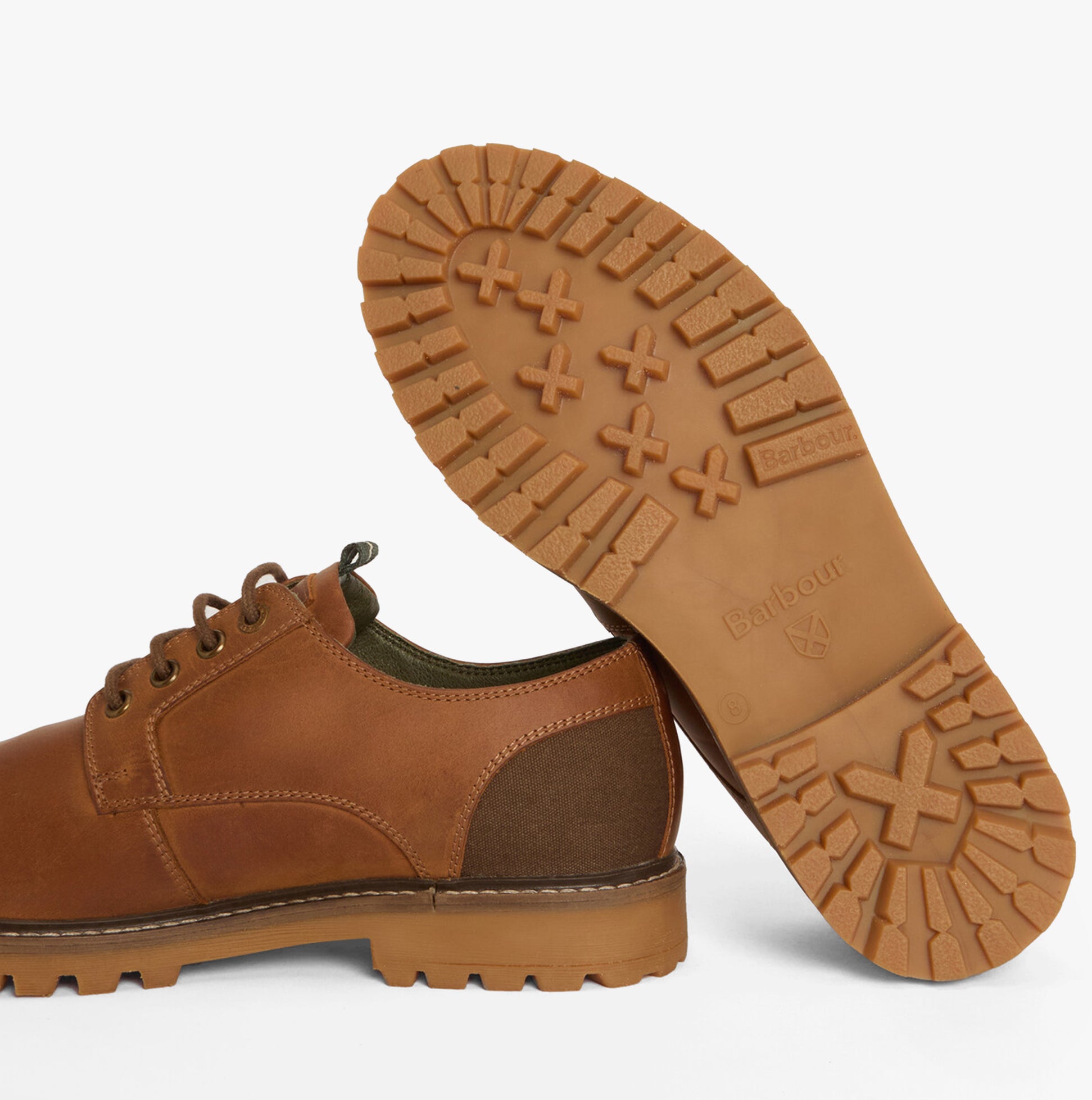 Barbour SANDSTONE Mens Derby Shoes Cognac bottom view showing rubber sole detail.