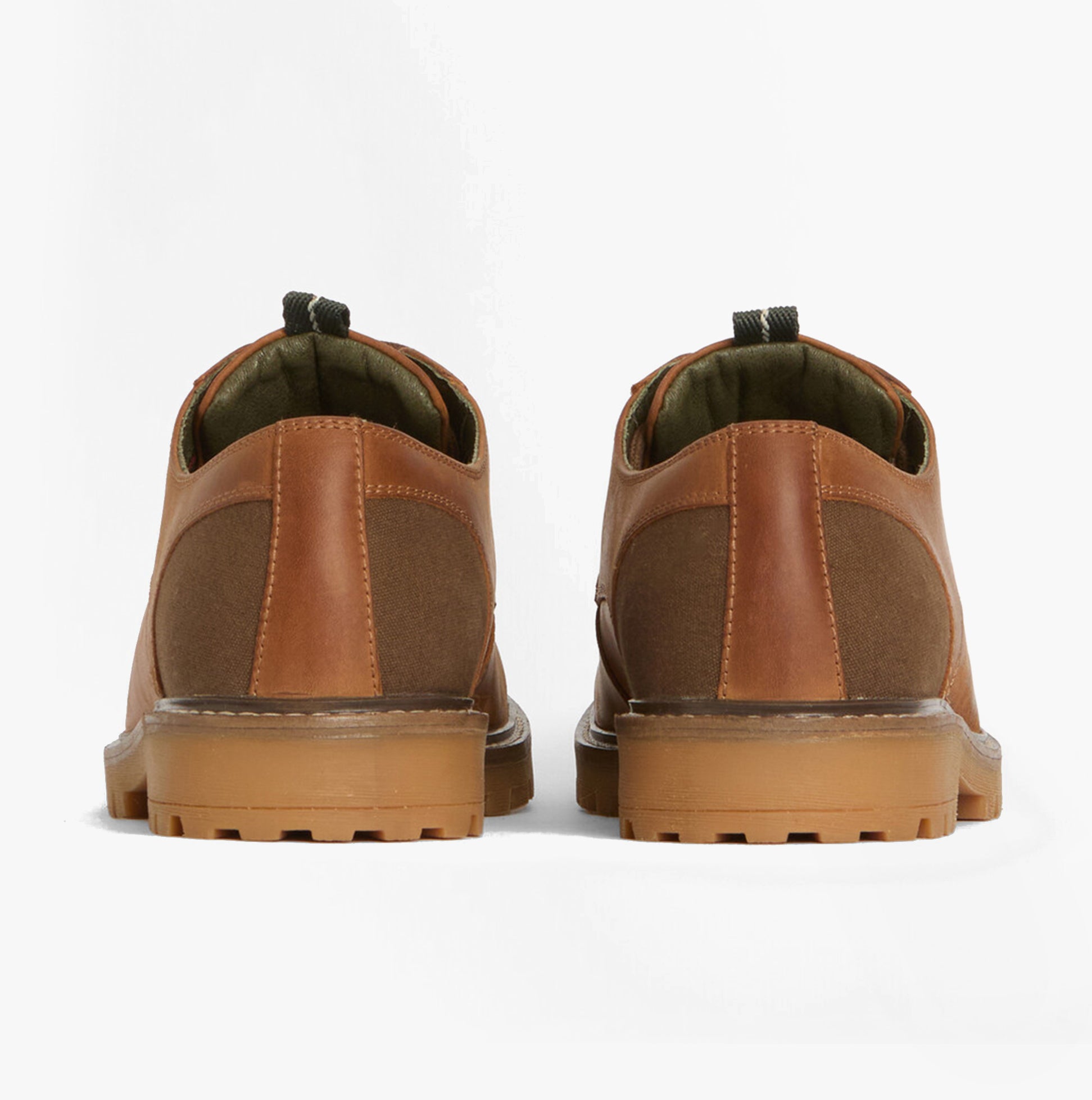 Barbour SANDSTONE Mens Derby Shoes Cognac back view showcasing leather and suede upper with rubber sole.