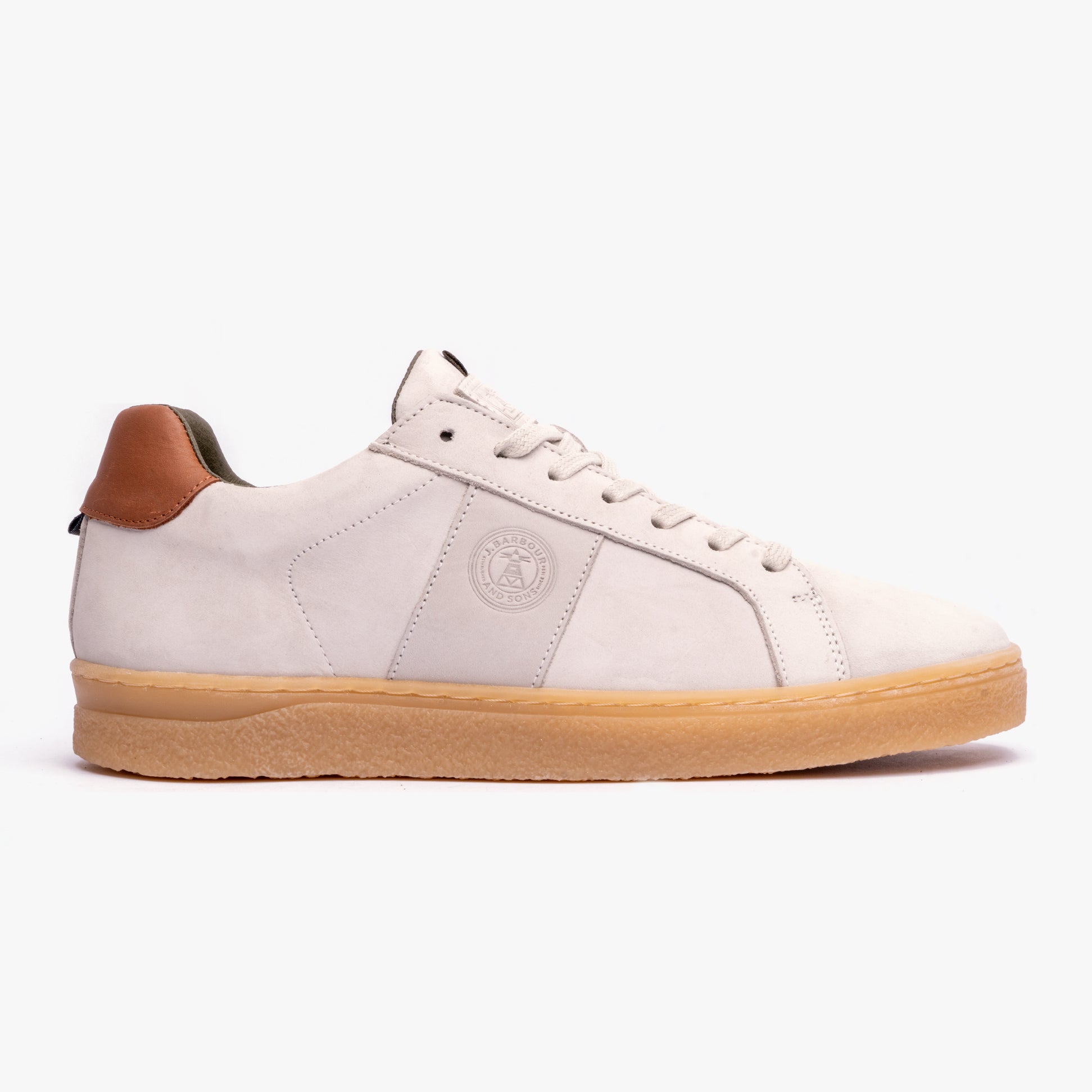 Barbour REFLECT Mens Casual Trainers Off White side view with leather upper and rubber sole.