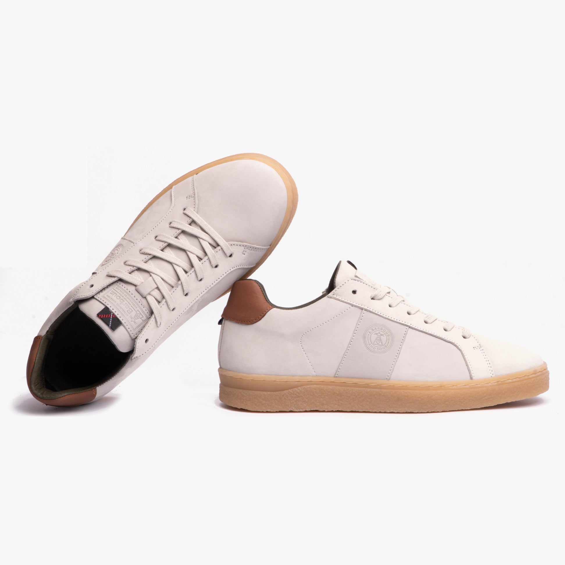 Barbour REFLECT Mens Casual Trainers Off White side and front view showcasing leather upper and rubber sole.