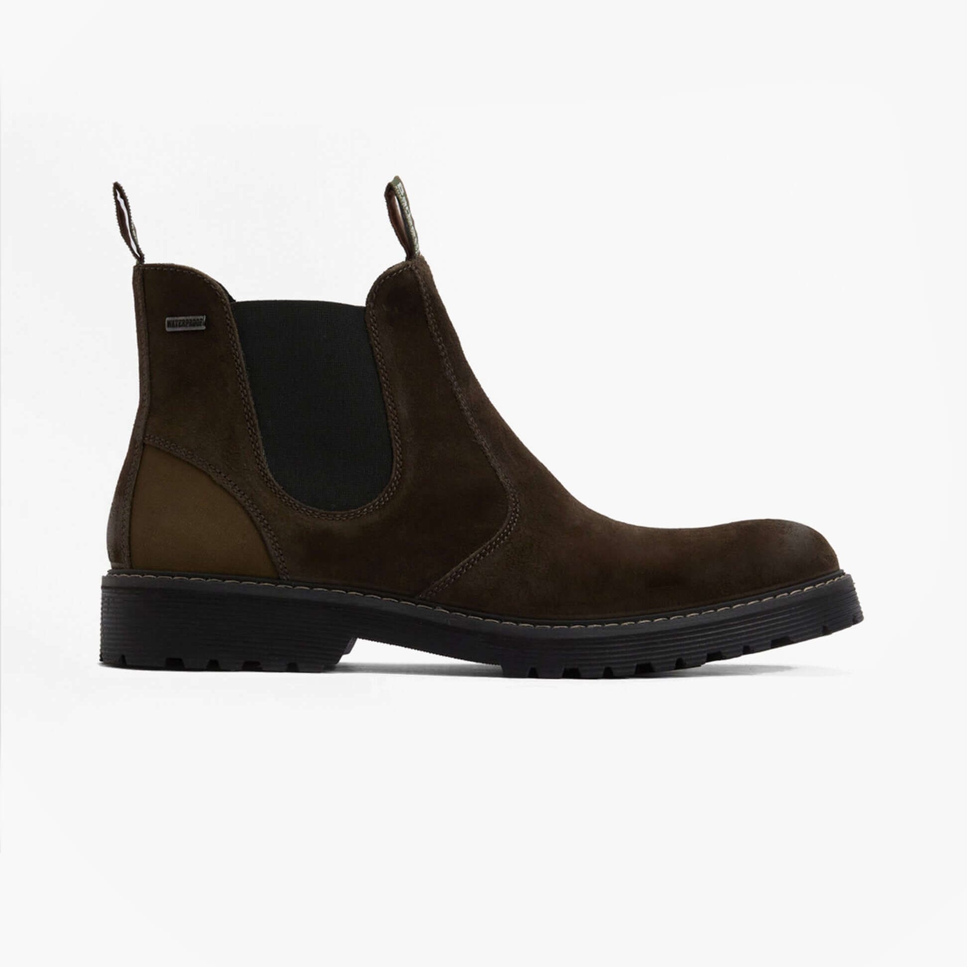 Barbour PATTON Mens Waterproof Chelsea Boots Oiled Brown Suede side view showing stylish brown suede and elastic side panel.