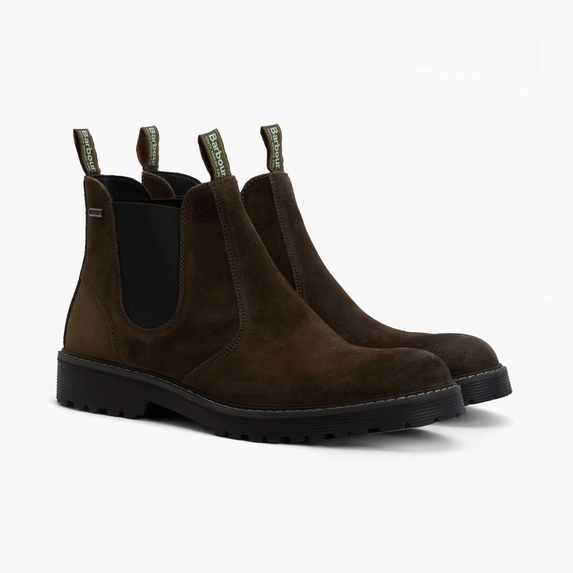 Barbour PATTON Mens Waterproof Chelsea Boots Oiled Brown Suede side view showing the comfortable design and rubber sole.