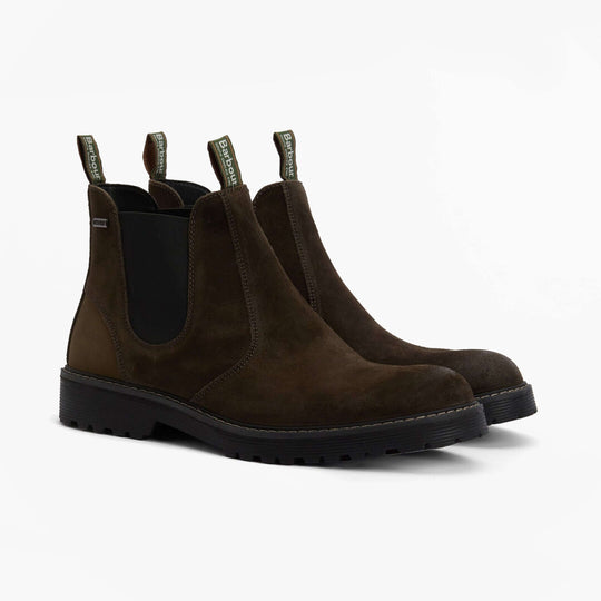 Barbour PATTON Mens Waterproof Chelsea Boots Oiled Brown Suede side view showing the comfortable design and rubber sole.