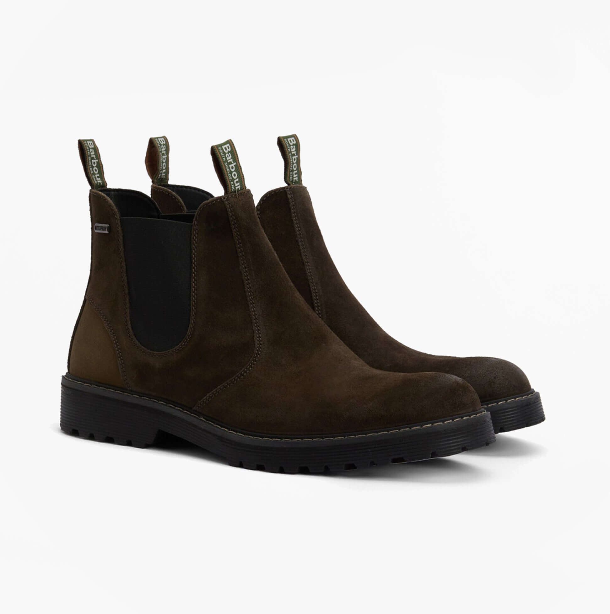 Barbour PATTON Mens Waterproof Chelsea Boots Oiled Brown Suede side view showing the comfortable design and rubber sole.