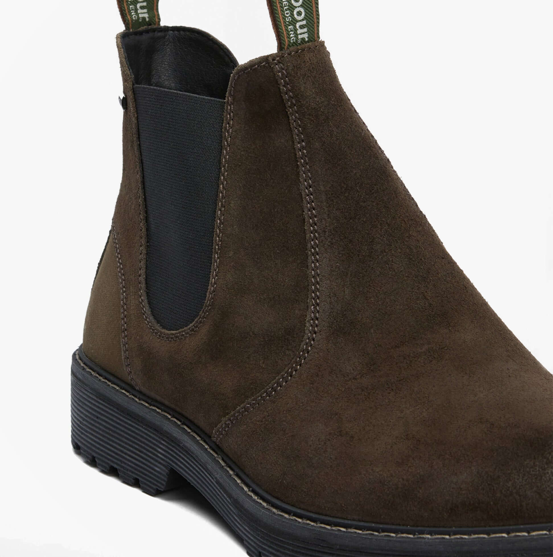 Barbour PATTON Mens Waterproof Chelsea Boots Oiled Brown Suede side view showcasing the rich texture and pull-on design.
