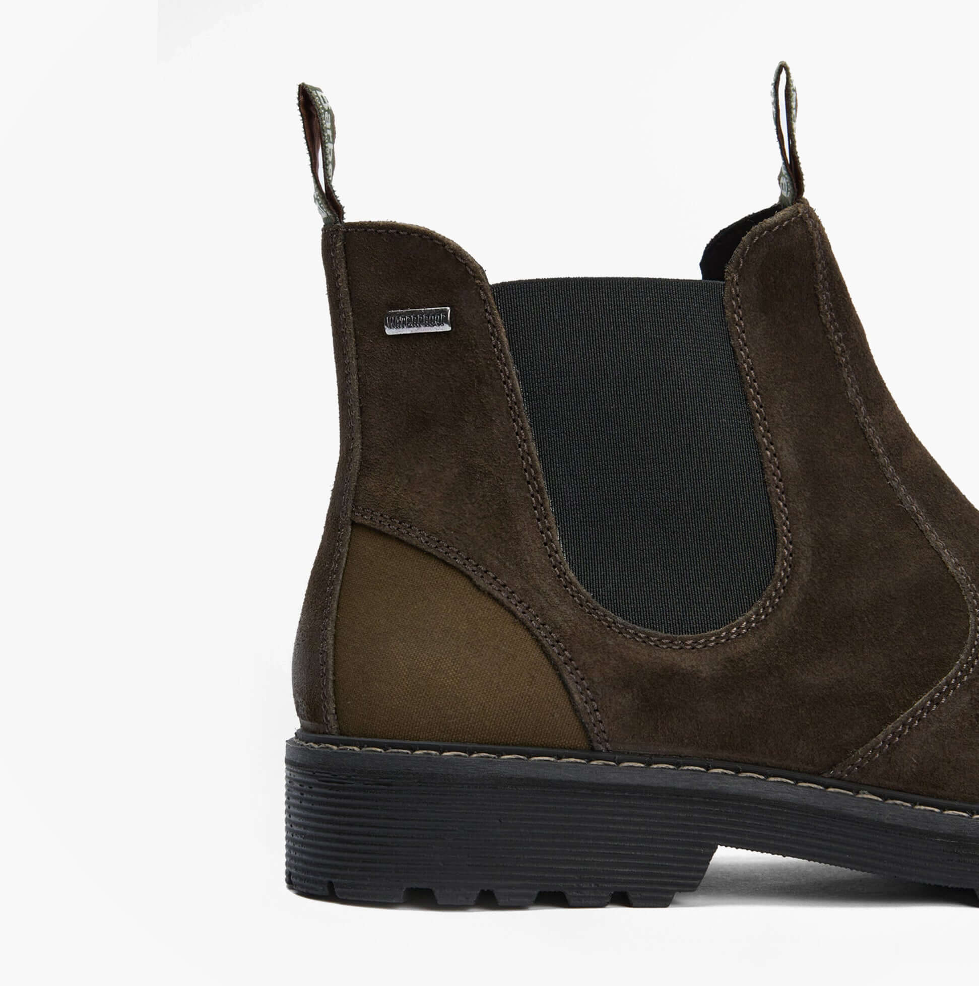 Barbour PATTON Mens Waterproof Chelsea Boots Oiled Brown Suede side view showcasing suede upper and rubber sole.