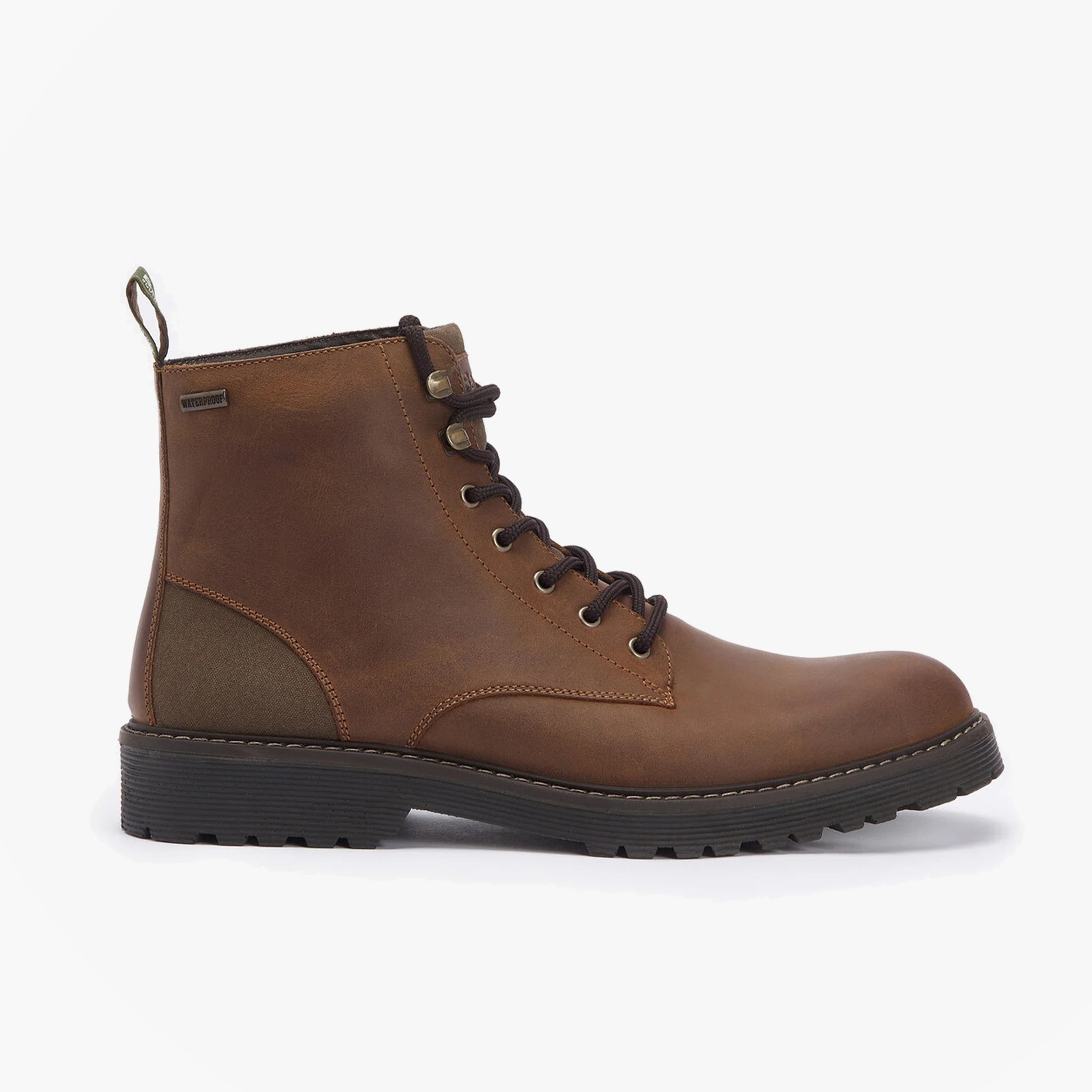 Barbour HARVEY Mens Derby Boots Teak side view showing leather upper and lace-up closure.