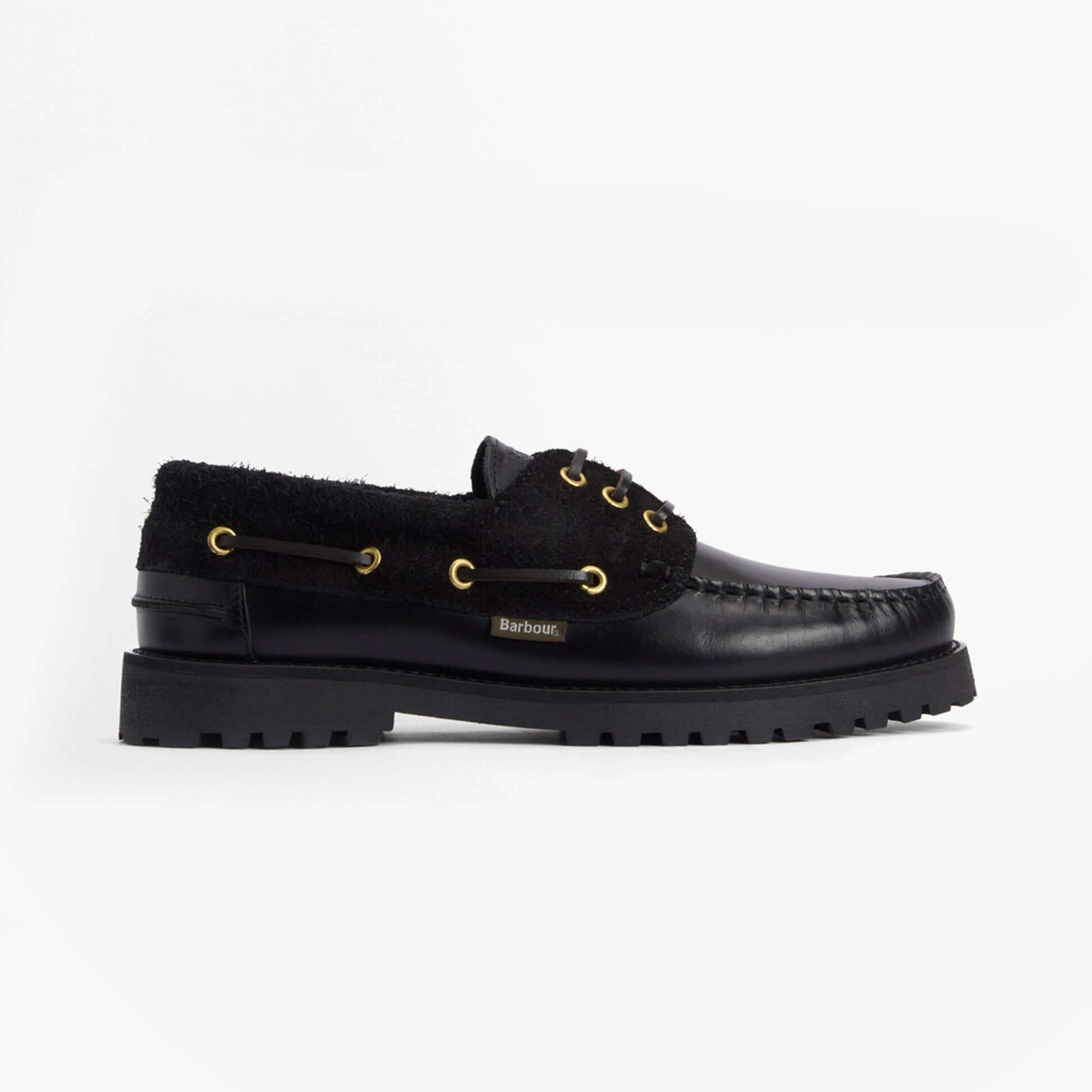 Barbour DECK Mens Boat Shoe Black side view showcasing leather upper, lace-up closure, and rubber sole.