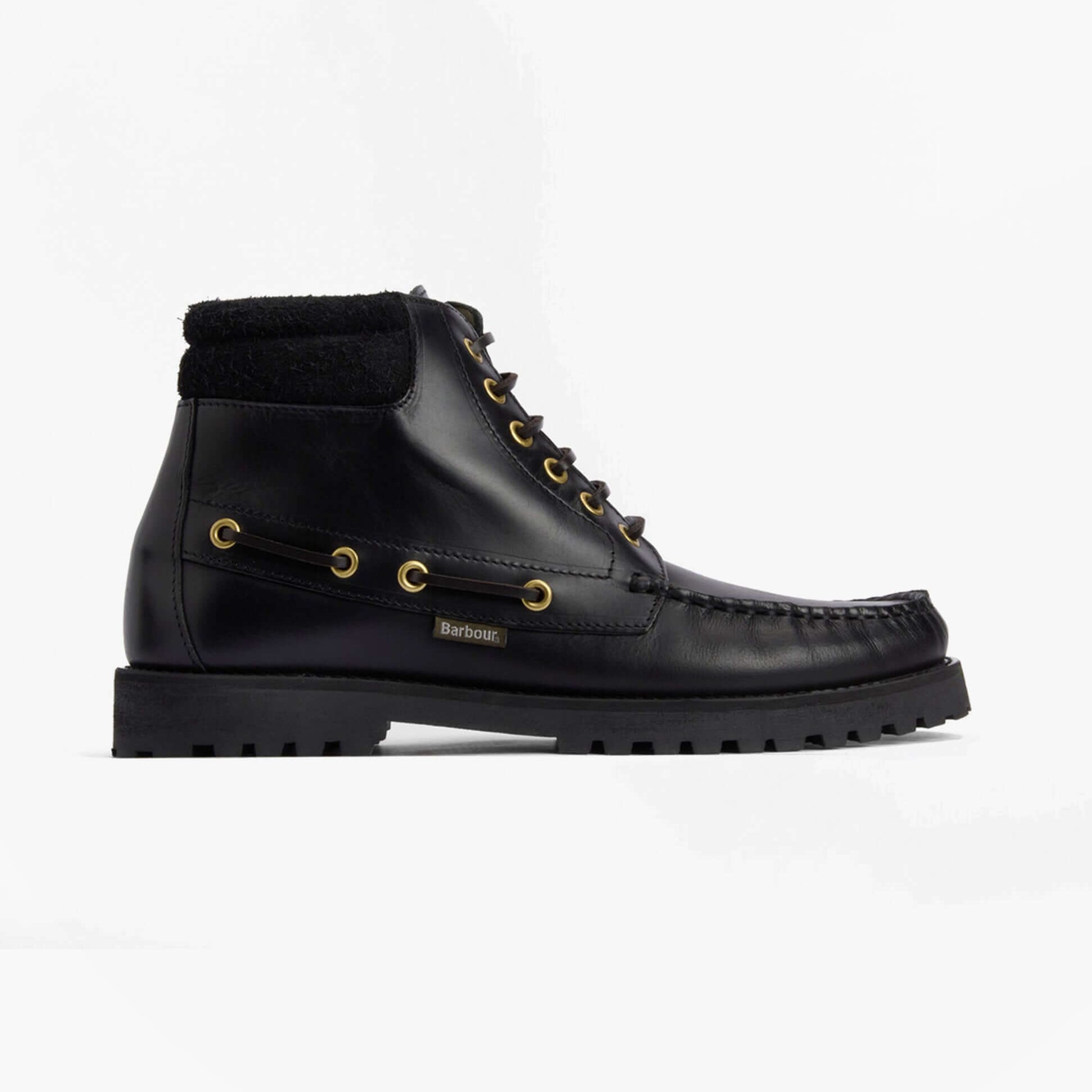 Barbour TILLER Mens Moccasin Boots Black side view showcasing leather upper, ankle height, and lace-up design.