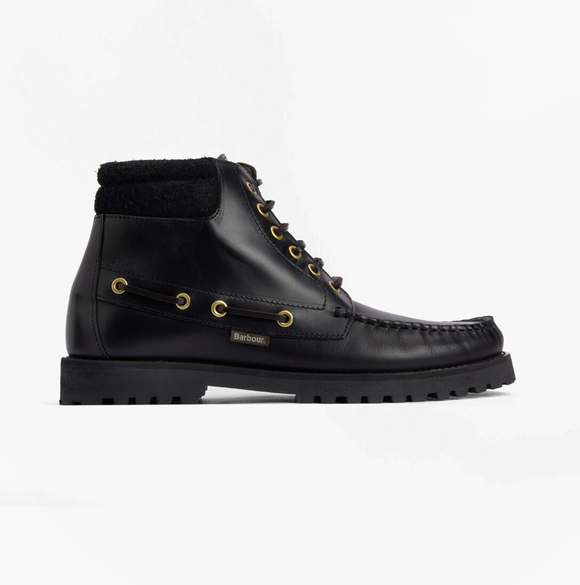 Barbour TILLER Mens Moccasin Boots Black side view showcasing leather upper, ankle height, and lace-up design.