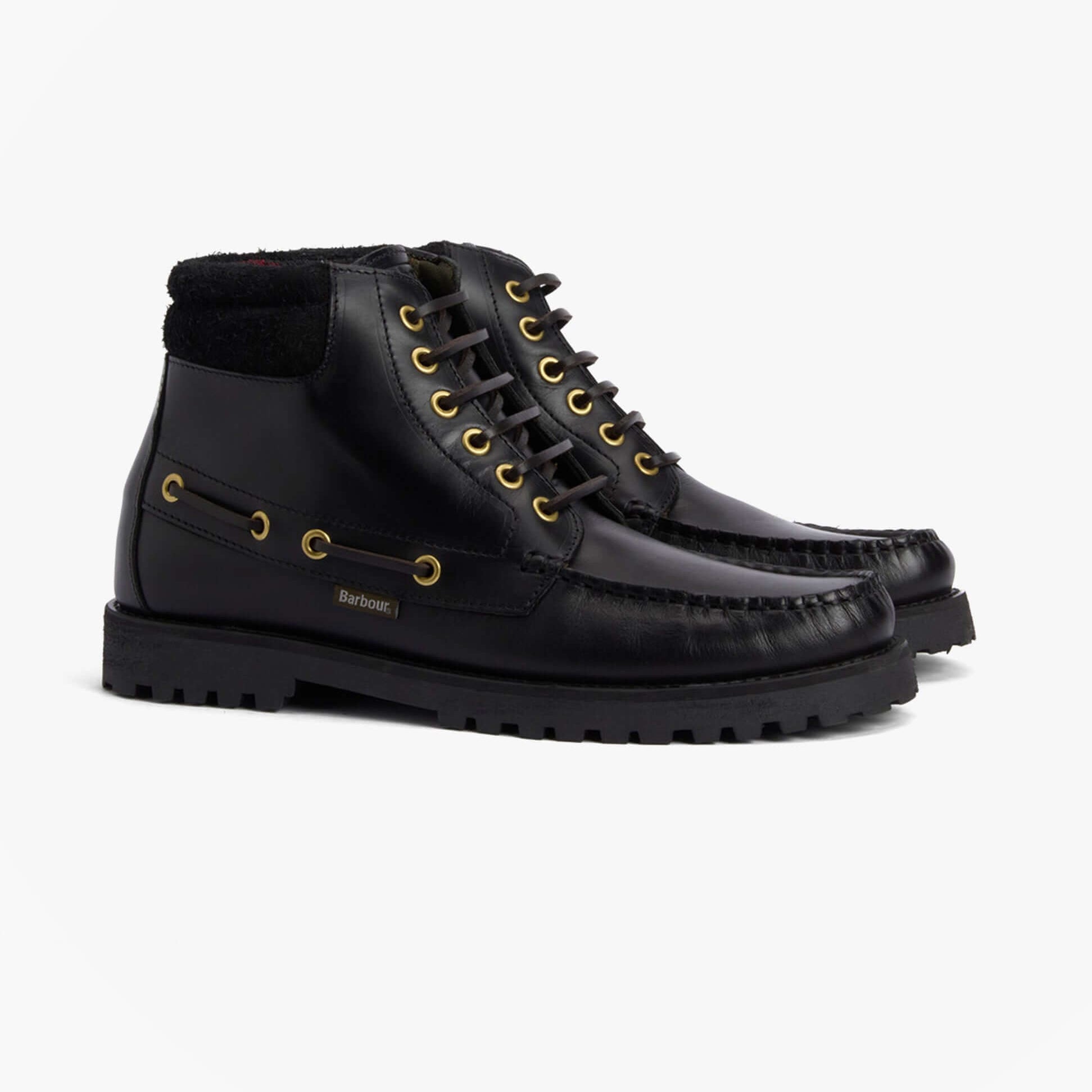 Barbour TILLER Mens Moccasin Boots Black side view showcasing leather upper, lace-up closure, and round toe.