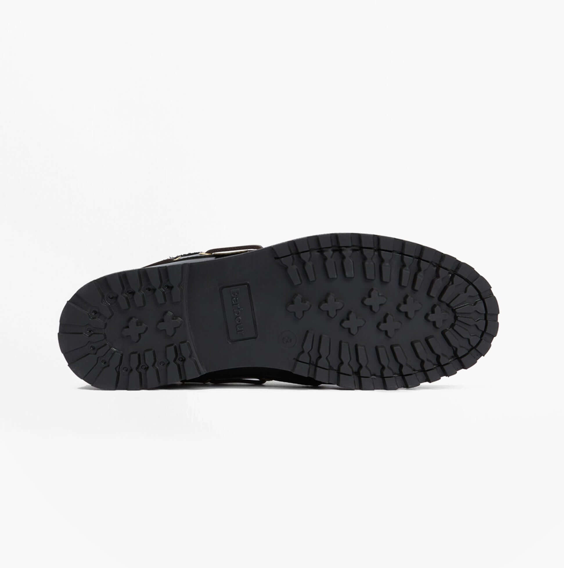 Barbour TILLER Mens Moccasin Boots Black bottom view showcasing rubber sole and tread design.