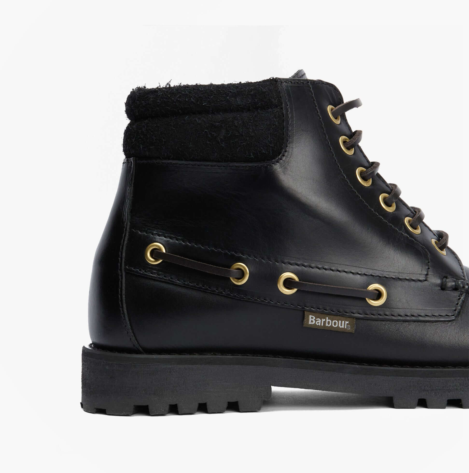 Barbour TILLER Mens Moccasin Boots Black side view showcasing premium leather and lace-up design.