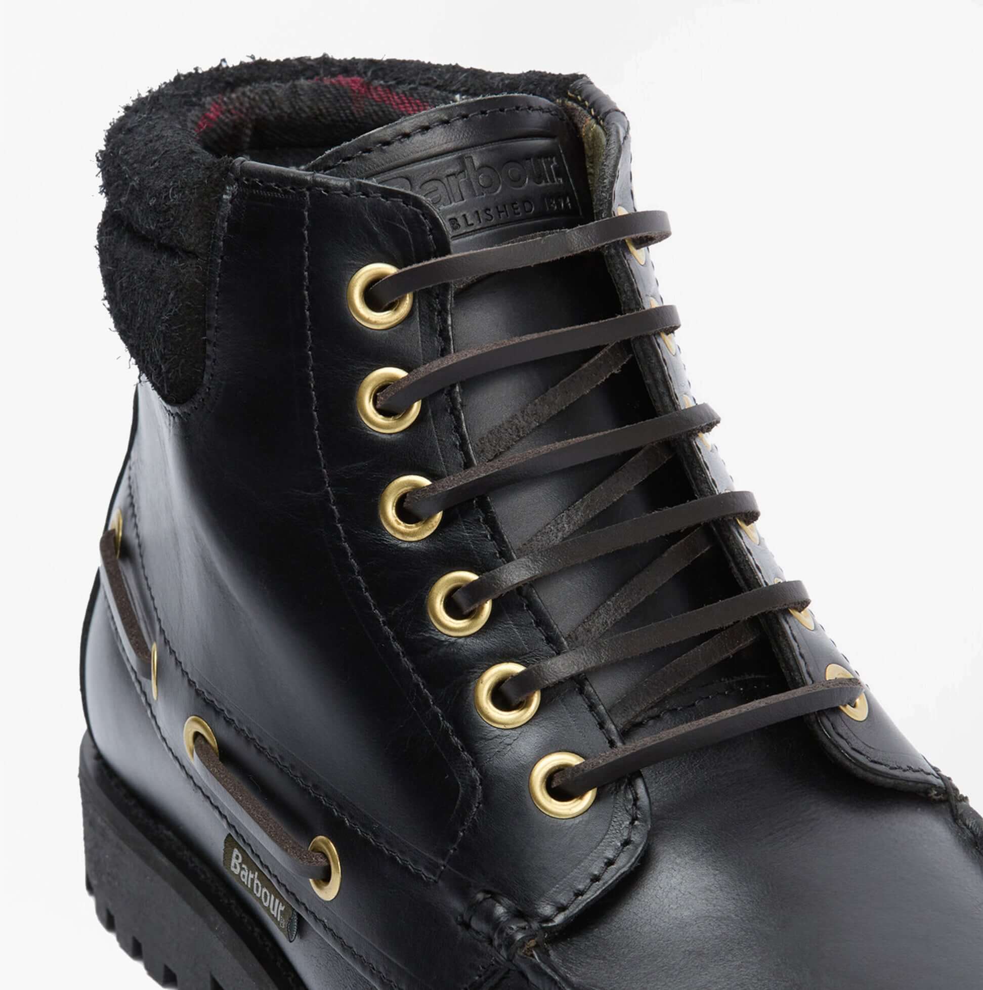 Barbour TILLER Mens Moccasin Boots Black detail view showing lace-up closure and leather upper